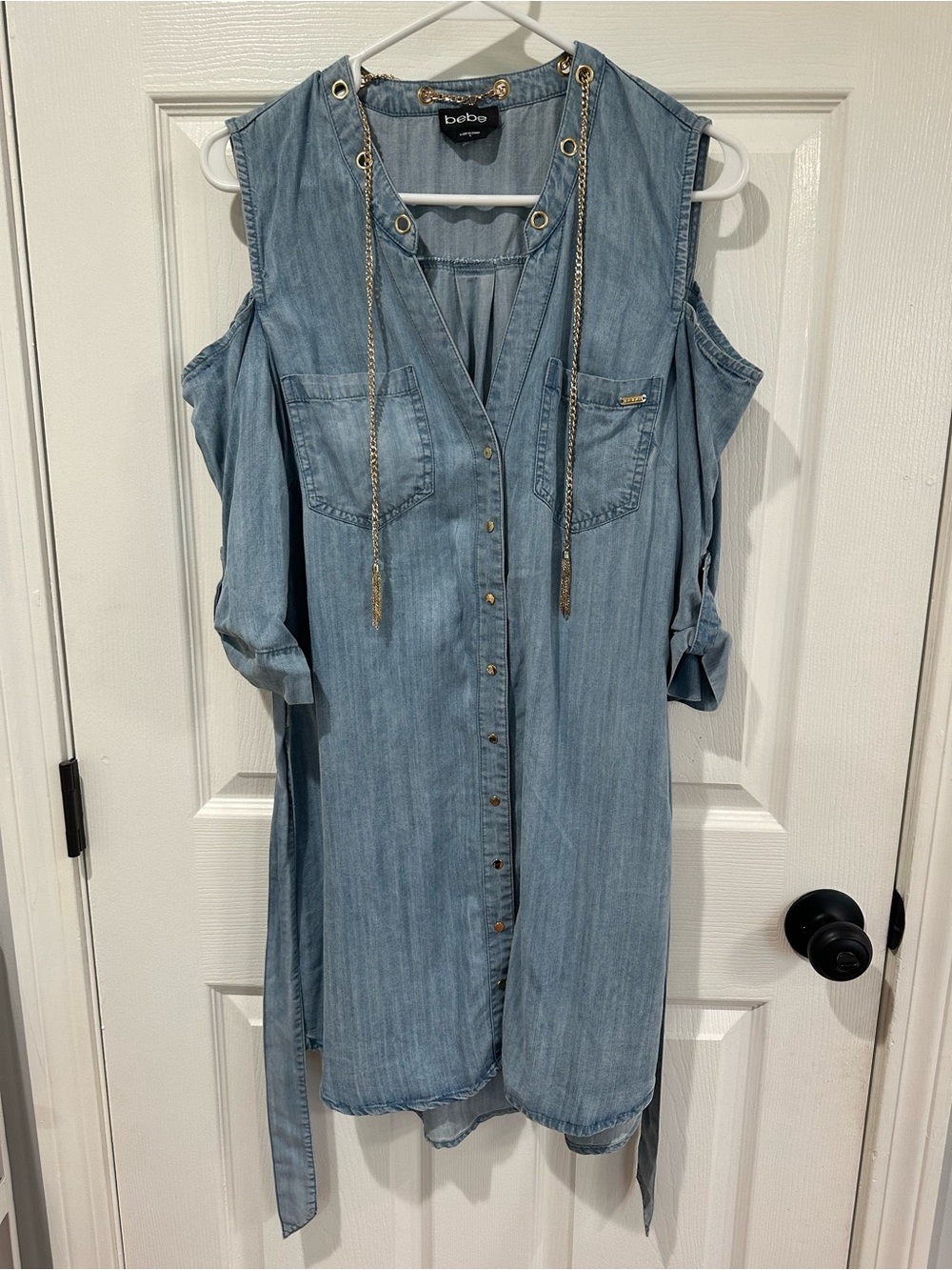 bebe Light Blue Denim Cold-Shoulder Tunic Dress with Gold Chains